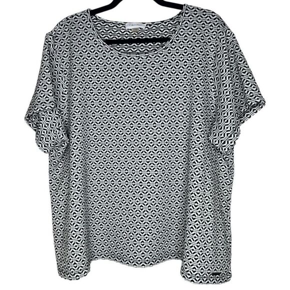 Calvin Klein Black White Textured Print Short Sleeve Blouse 2X - Picture 1 of 10